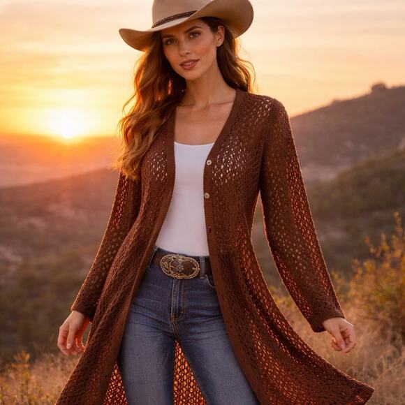 Exclusively Misook Sweaters - Exclusively Misook Brown Open Front Crochet Knit Cardigan Duster XL Boho Western